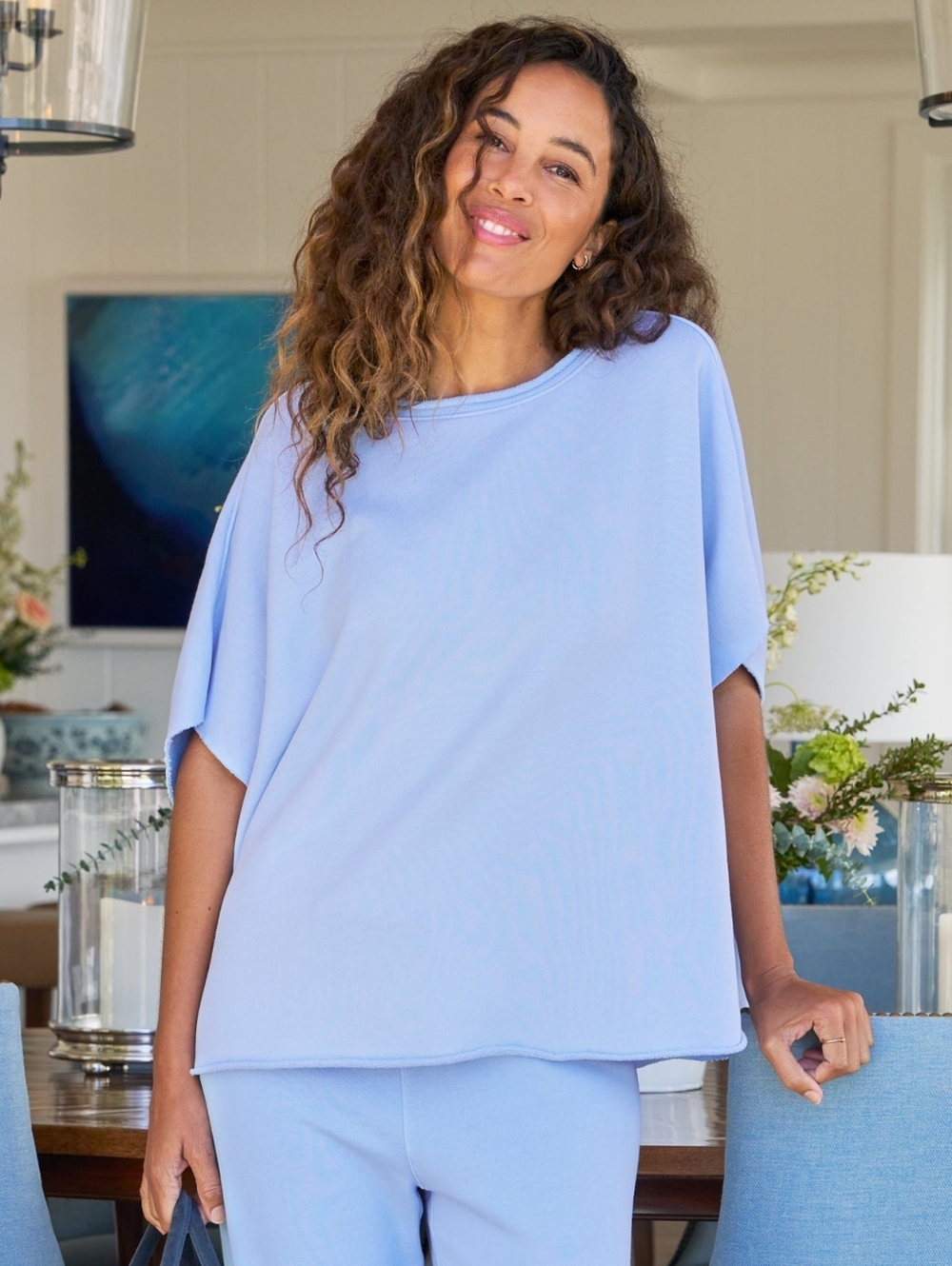Frank & Eileen Olive Capelet Fleece Top Saltwater Blue One Size 100% Cotton USA